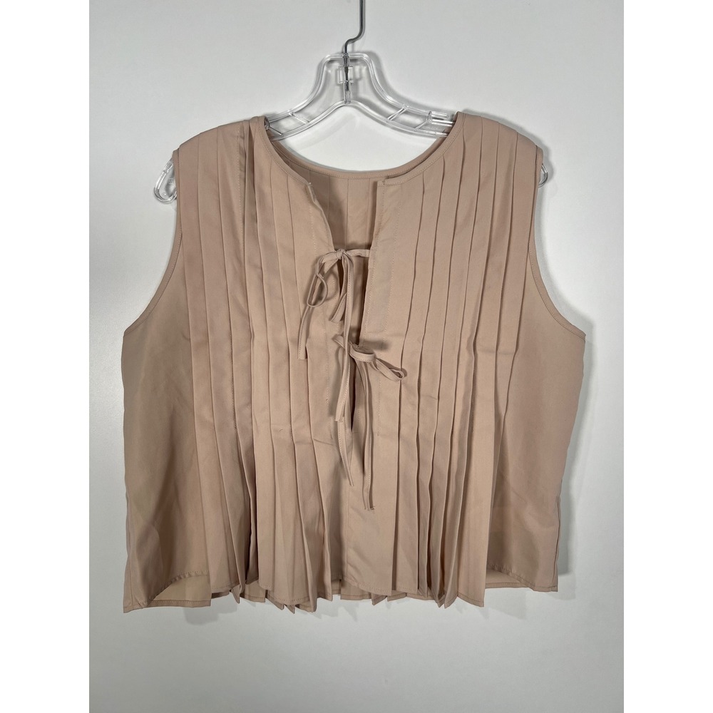 Neutral Apricot Pleated Tie Front Sleeveless Cropped Blouse Minimalist XL